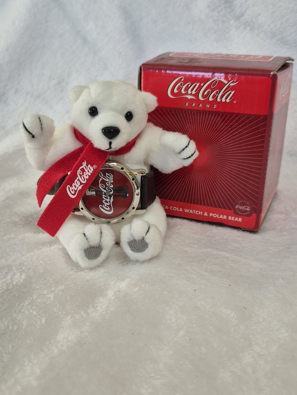 Avon Coca-Cola White Polar Bear with Red Ribbon and Branded Watch Face